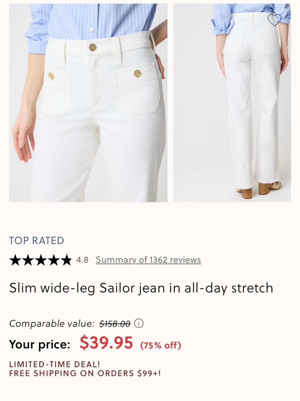 J. Crew White Slim Wide-Leg Sailor Jeans with Gold Buttons
